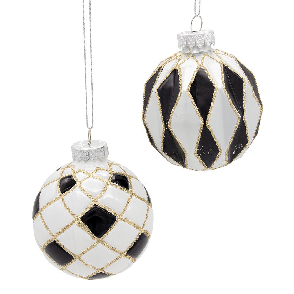 Kurt Adler 80MM Glass Black, White and Gold Checkered Ball Ornaments, 6-Piece Box